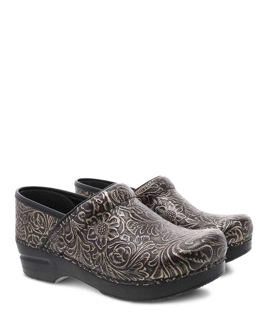 Dansko Professional Antique Tooled Women Clogs Black / Brown | CA 3594AHC